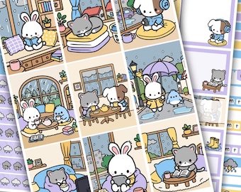 Rainy Days Planner Stickers, Hand-Drawn Vertical Weekly Kit