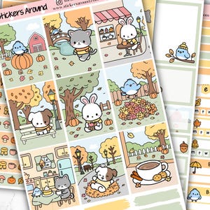 May include: A set of planner stickers with an autumn theme. The stickers feature cute cartoon animals, pumpkins, and fall foliage. The text "Stickers Around" and "Standard Vertical Weekly Kit" are visible.