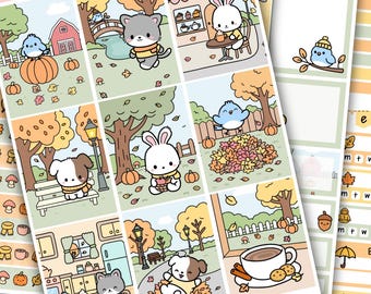 Kawaii Autumn Fall Weekly Kit Planner Stickers, Hand-drawn Characters Vertical Planner Stickers for Planning & Journaling 1.5" Wide Columns