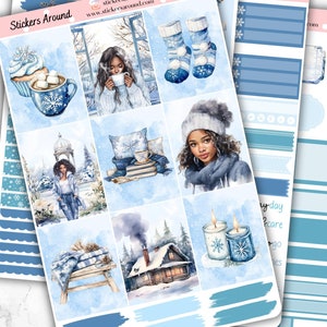 Blauwe verticale set stickers winter zwart meisje | Plannersticker met brede kolommen van 1,5 inch