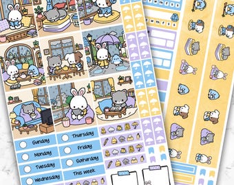Rainy Days Weekly Planner Stickers, Hobonichi Cousin Kit, Hand-drawn Characters