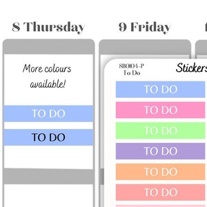 May include: A sheet of colorful "To Do" stickers in various pastel colors, including pink, blue, yellow, green, and purple. The stickers are arranged in two columns and are labeled "Stickers Around" and "stickersaround.com".