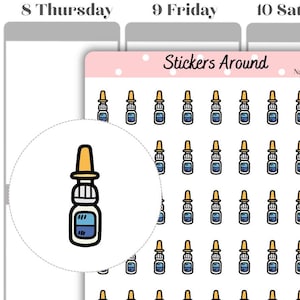 Op de afbeelding: Een vel stickers met een cartoonillustratie van een neussprayflesje. De stickers zijn in een rasterpatroon op een roze achtergrond gerangschikt. De tekst "Stickers Around" en "HOIG Nasal spray" staat bovenaan het vel gedrukt. De tekst "www.stickersaround.com" en "stickersaround" staat onderaan het vel gedruckt.