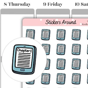 Könnte beinhalten: Ein Bogen Planer-Aufkleber mit einem hellblauen E-Reader-Design mit dem Text "Chapter 1". Die Aufkleber sind von "Stickers Around" und sind für einen Kindle E-Reader konzipiert.