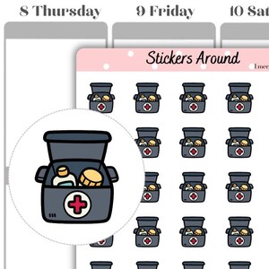 May include: A sheet of planner stickers with a repeating pattern of cartoon first aid kits. Each kit is grey with a red cross, and contains medical supplies. The sheet has the text "Stickers Around" and "Emergency kit #1".