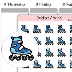 Könnte beinhalten: Eine Bogen mit Aufklebern mit 25 Illustrationen von blauen und weißen Rollschuhen. Die Aufkleber sind in einem Raster angeordnet. Der Text "Stickers Around" und "Rollerblade" ist oben auf dem Bogen gedruckt.