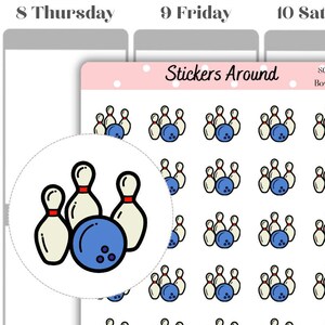 May include: A sheet of stickers featuring a bowling ball and pins design. The stickers are arranged in a grid pattern on a pink background with the text "Stickers Around" and "Bowling" printed at the top. The sheet also includes the website address "www.stickersaround.com" and the Instagram handle "@stickersaround".