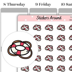 Puede incluir: Una hoja de 36 pegatinas con un salvavidas rojo y blanco. Las pegatinas están dispuestas en una cuadrícula sobre un fondo rosa. La hoja está etiquetada como "Stickers Around" y "8043 Life float".