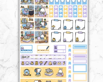 Rainy Days Weekly Planner Stickers for Hobonichi Weeks, Kawaii Hand-drawn Characters
