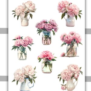Peonies Vase Decorative Sticker Sheet | Fall Deco Sticker Sheet | Planner Stickers, Bullet Journal, Journaling stickers, Scrapbooking