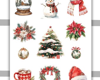 May include: A sheet of Christmas themed stickers with images of a snowman, a snow globe, a Christmas tree, a wreath, a poinsettia, a Santa hat, a scarf, a Christmas ornament, and a mug of hot chocolate.
