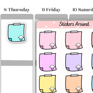 May include: A sheet of 12 colorful sticky notes with a cartoon character on each note. The notes are in various colors, including pink, blue, yellow, and green. The notes are labeled "MO003 Sticky notes".