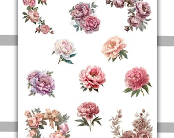 Peonies Flowers Decorative Sticker Sheet | Spring Deco Sticker Sheet | Planner Stickers, Bullet Journal, Journaling stickers, Scrapbooking