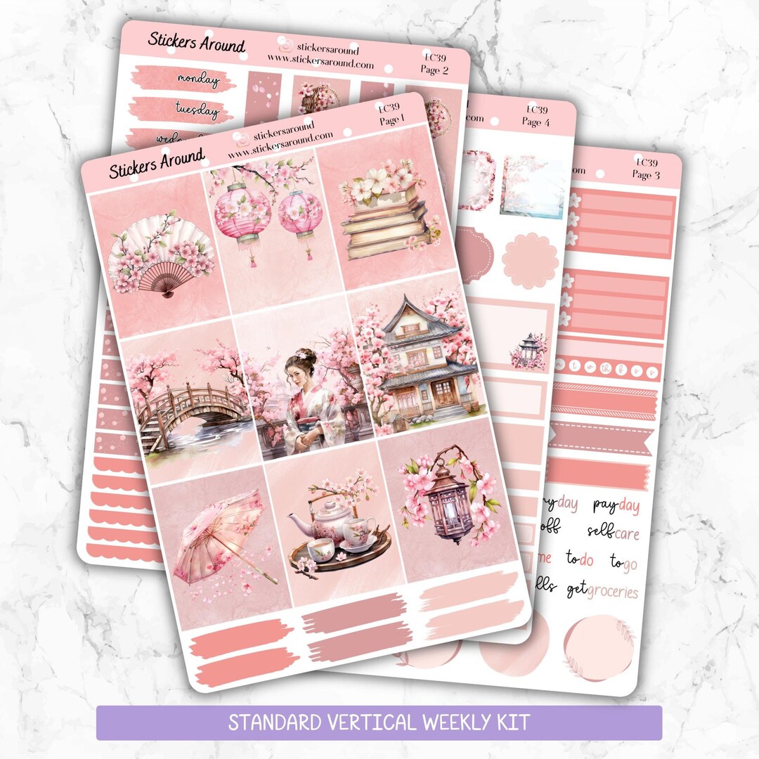 Cherry Blossom Vertical Kit Planner Stickers, Sakura Planner Sticker, 1 ...