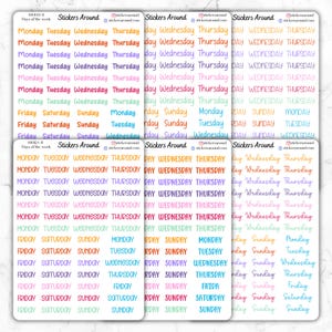 Può includere: Un foglio di adesivi colorati con i giorni della settimana scritti su di essi. Gli adesivi sono di vari colori, tra cui rosa, blu, giallo, verde e arancione. Gli adesivi sono disposti in righe e colonne, e ogni adesivo ha un giorno della settimana diverso scritto su di esso. Gli adesivi sono perfetti per planner, diari e altri progetti creativi.