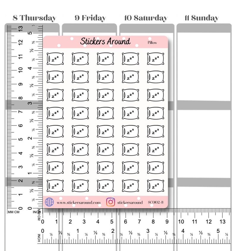 May include: A sheet of stickers with a pink background and white polka dots. The stickers feature a black outline of a pillow with the letters "zz" inside. The sheet is labeled "Stickers Around" and "Pillow".