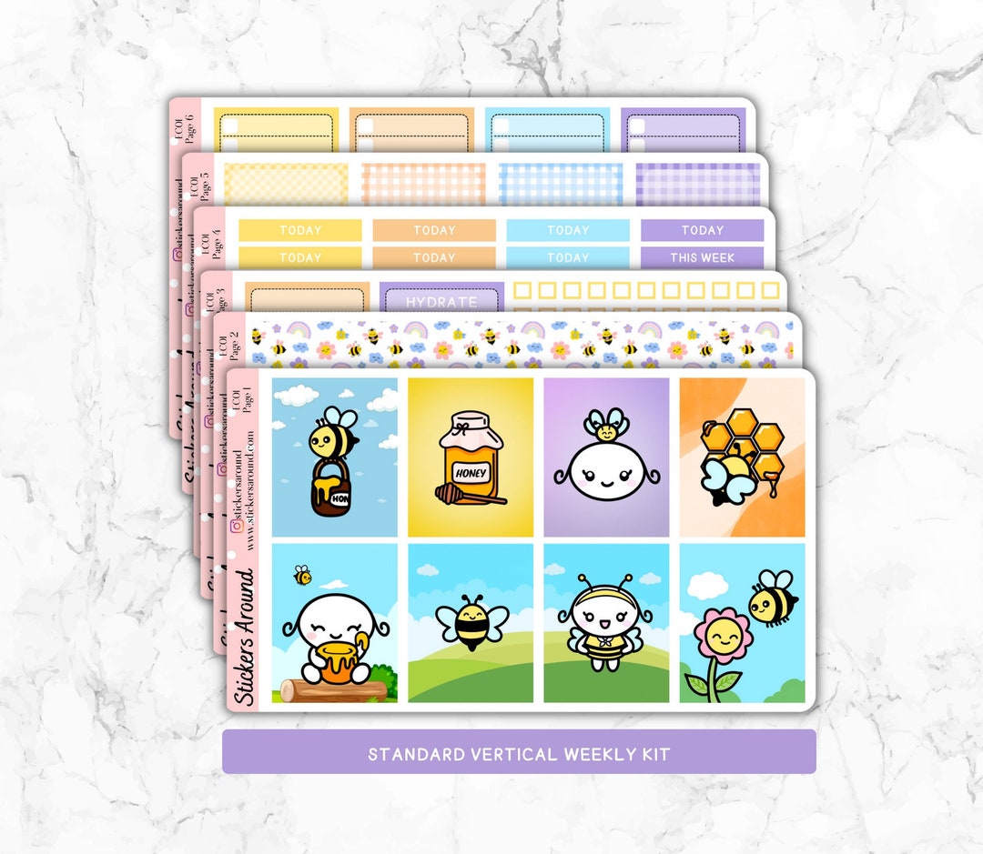 Bee Themed Vertical Weekly Kit | Hand Drawn Planner Sticker Kit | 1.5 ...