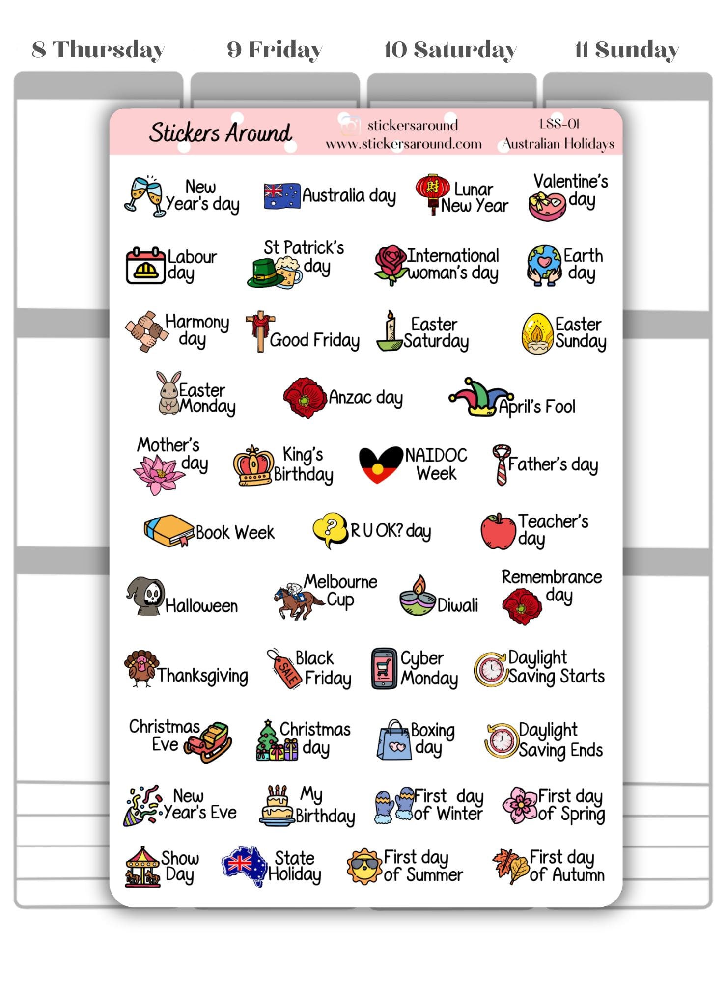 Australian Public Holiday Script Planner Sticker - Large Sheet, Aussie ...