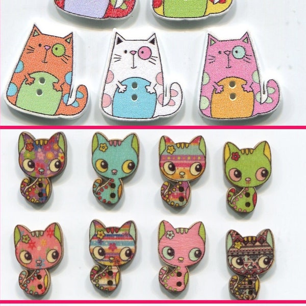 Lot boutons chat bois : Têtes de chat Chatons bois naturel Gros chats Chattes mignonnes Chats rigolos