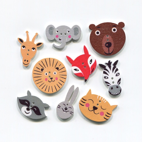 lot boutons animaux, lion, éléphant, girafe, renard, lapin, chat, ours, raton laveur, zèbre, bois