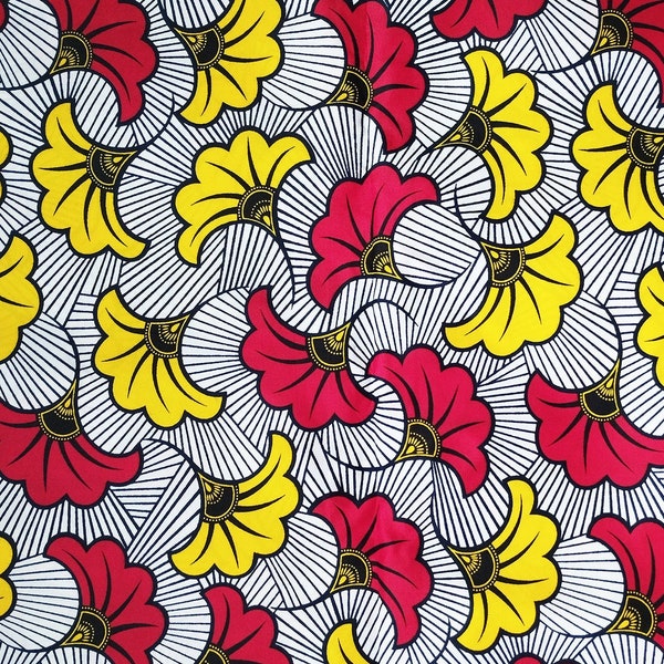 tissu wax africain par 0,50m motif fleurs de mariage rouge jaune