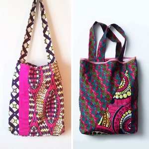 wax bag, different sides. tote bag of your choice, graphic patterns