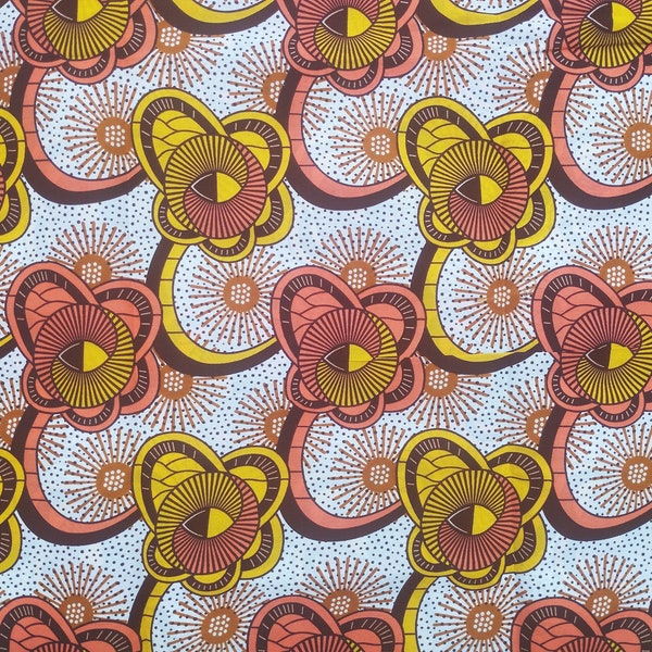 tissu wax africain par 0,50m motif Fleurs rose et jaune