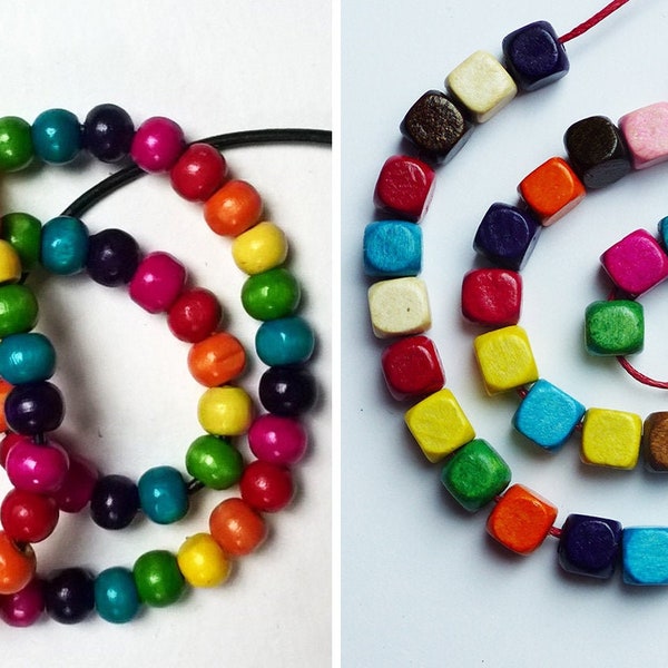 Lot round wooden beads OR multicolored cube beads. 8mm