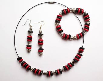necklace, bracelet, earrings or complete adornment, wood and metal, red, black and silver