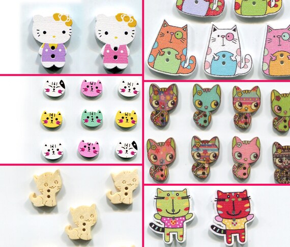 10 x wooden 2 hole cartoon cat buttons