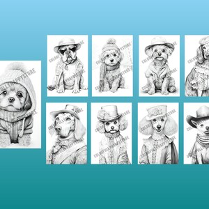 Puede incluir: Un conjunto de nueve ilustraciones en blanco y negro de perros con diferentes atuendos. Los perros son de diferentes razas y tama&ntilde;os. Las ilustraciones son de estilo de dibujos animados.