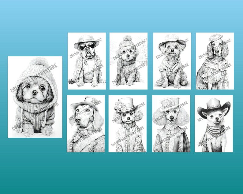 Puede incluir: Un conjunto de nueve ilustraciones en blanco y negro de perros con diferentes atuendos. Los perros son de diferentes razas y tama&ntilde;os. Las ilustraciones son de estilo de dibujos animados.