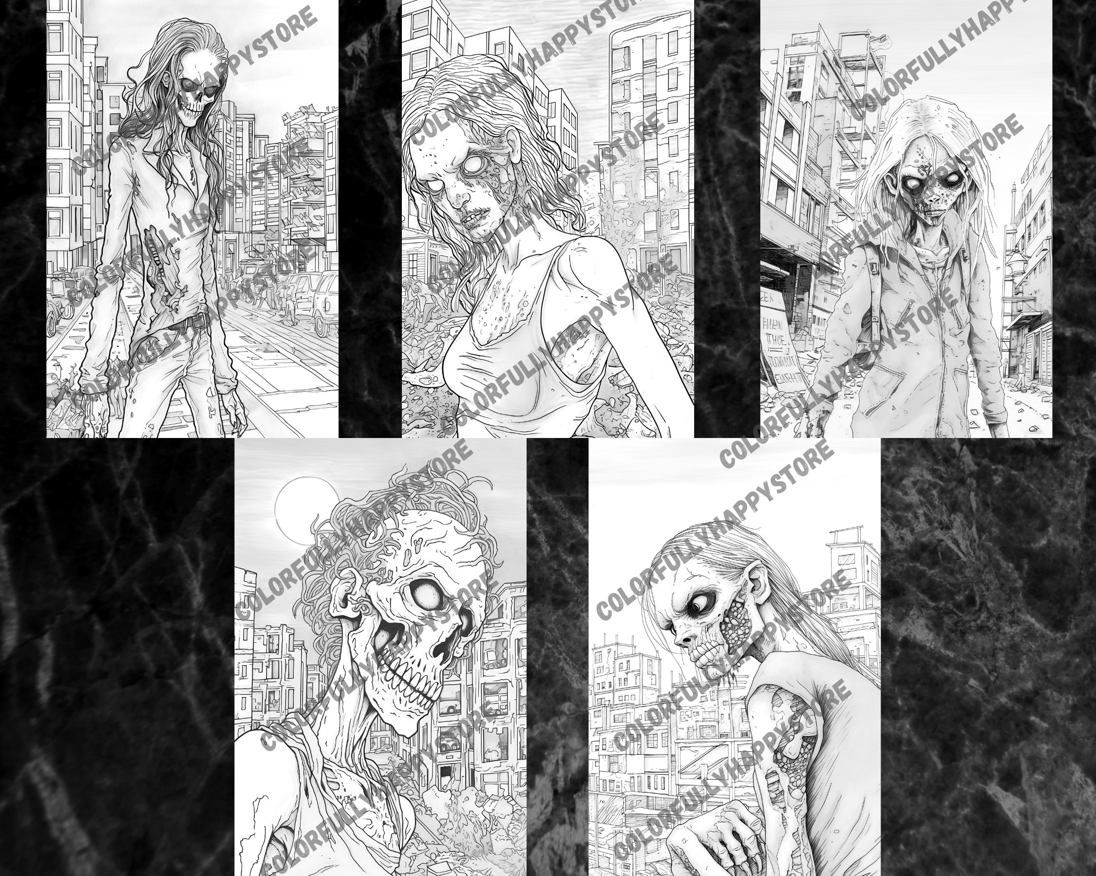 Zombie Apocalypse Coloring Book: 40 Grayscale Horror Pages (PDF ...