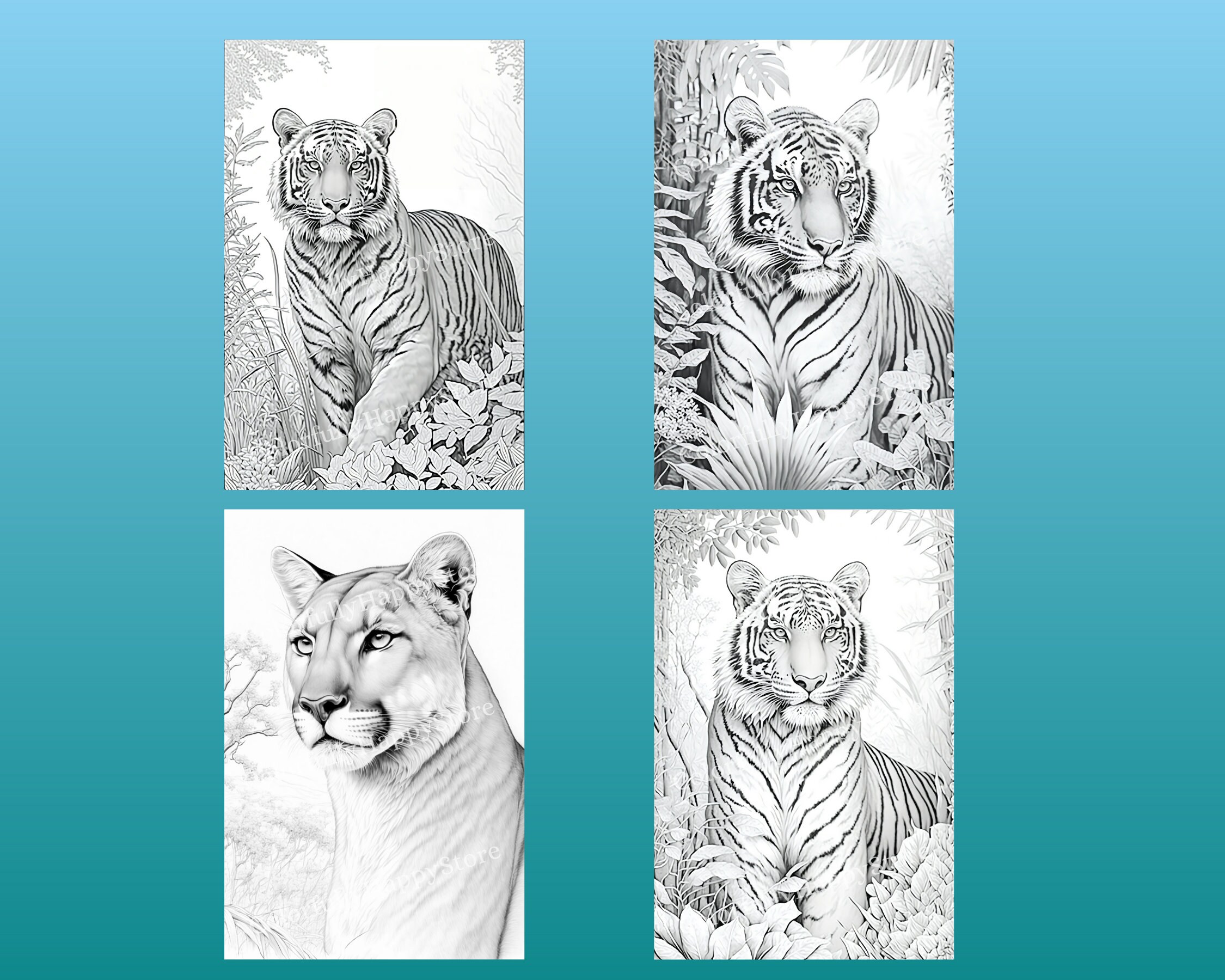 Wildlife Realistic Coloring Pages of Wild Cats, Grayscale Coloring Book ...