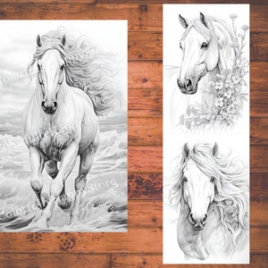 May include: A black and white drawing of a white horse running through the water. The horse has a long flowing mane and tail. The water is crashing around the horse's legs.