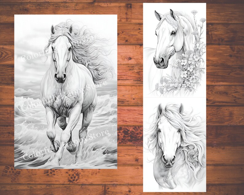 May include: A black and white drawing of a white horse running through the water. The horse has a long flowing mane and tail. The water is crashing around the horse's legs.