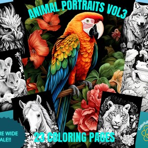 Puede incluir: Un conjunto de 23 páginas para colorear con ilustraciones en blanco y negro de animales, incluyendo un loro, un lobo, una rana, un león, un caballo y un tigre. El título del conjunto es "Animal Portraits Vol. 3".