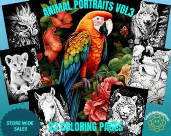 Animal Portraits Coloring Pages: Grayscale Wildlife Line Art (PDF Download)