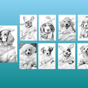 Puede incluir: Un conjunto de ocho ilustraciones en blanco y negro de perros con ropa. Los perros est&aacute;n en varias poses y llevan diferentes tipos de ropa, incluyendo sombreros, bufandas y su&eacute;teres.