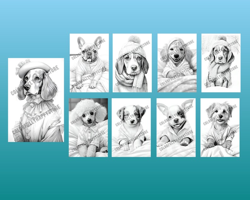 Puede incluir: Un conjunto de ocho ilustraciones en blanco y negro de perros con ropa. Los perros est&aacute;n en varias poses y llevan diferentes tipos de ropa, incluyendo sombreros, bufandas y su&eacute;teres.