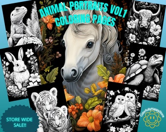 Grayscale coloring pages, Animal Portraits Vol.1, black background, adult coloring book, Instant pdf download coloring pages, realistic