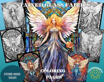 May include: A set of four coloring pages featuring stained glass fairies. Each page depicts a fairy with wings and a rose in hand. The fairies are surrounded by intricate stained glass designs. The text "STAINED GLASS FAIRIES COLORING PAGES" is displayed at the top of the image.