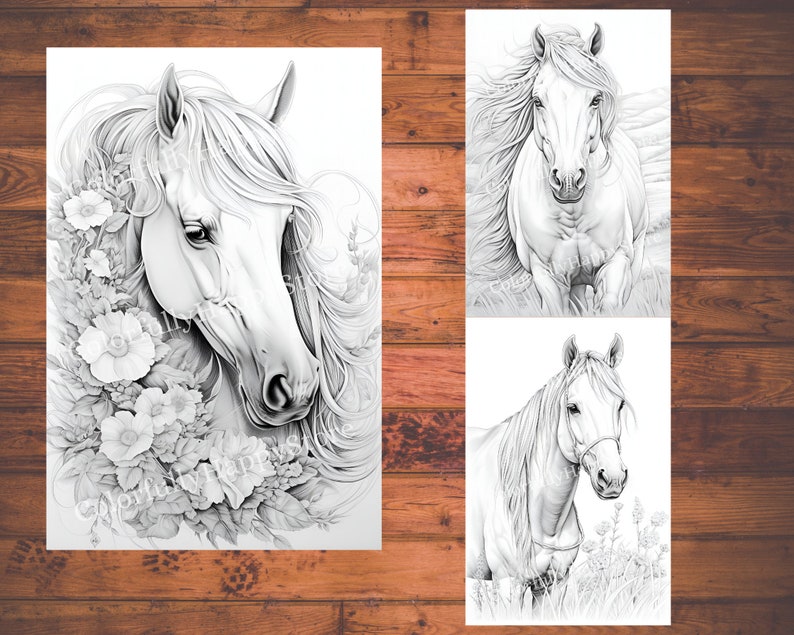 May include: Three black and white line drawings of horses. The first image shows a horse's head and neck with flowers around it. The second image shows a horse running with its mane flowing in the wind. The third image shows a horse standing in a field of grass.