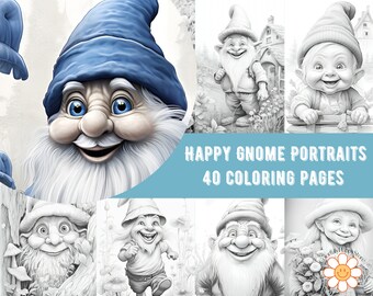 Coloring pages, Happy Gnome Portraits, Grayscale coloring book, fantasy coloring art, digital download coloring pages pdf