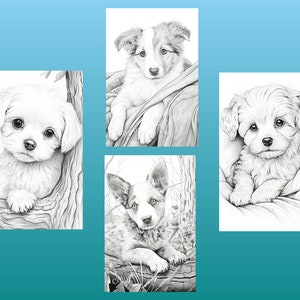 以下が含まれることがあります： 子犬の白黒の絵が4つあります。子犬はすべて異なる品種で、さまざまなポーズをとっています。1匹の子犬はカメラを見ています。もう1匹は顔をそむけています。残りの2匹は眠っています。