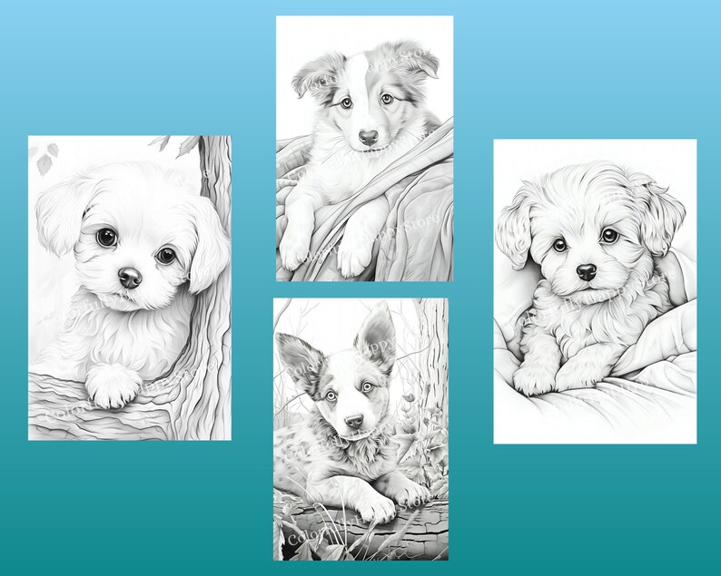 以下が含まれることがあります： 子犬の白黒の絵が4つあります。子犬はすべて異なる品種で、さまざまなポーズをとっています。1匹の子犬はカメラを見ています。もう1匹は顔をそむけています。残りの2匹は眠っています。
