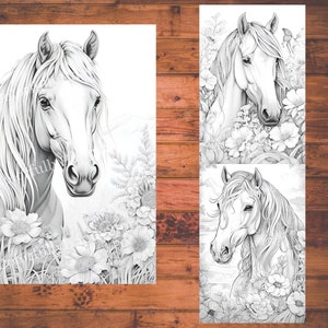 May include: Three black and white line drawings of horses with floral accents. The horses are facing the viewer and have long manes and tails. The flowers are in bloom and have delicate petals.