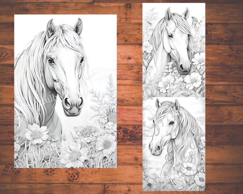 May include: Three black and white line drawings of horses with floral accents. The horses are facing the viewer and have long manes and tails. The flowers are in bloom and have delicate petals.
