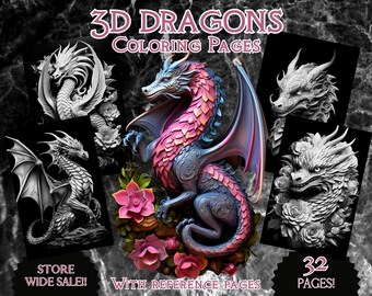 Adult coloring pages 3d Dragons coloring pages black background grayscale coloring book tattoo art floral coloring instant pdf download