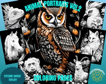 Adult coloring pages, Animal Portraits Volume 2, black background, grayscale coloring, realistic, pdf instant download